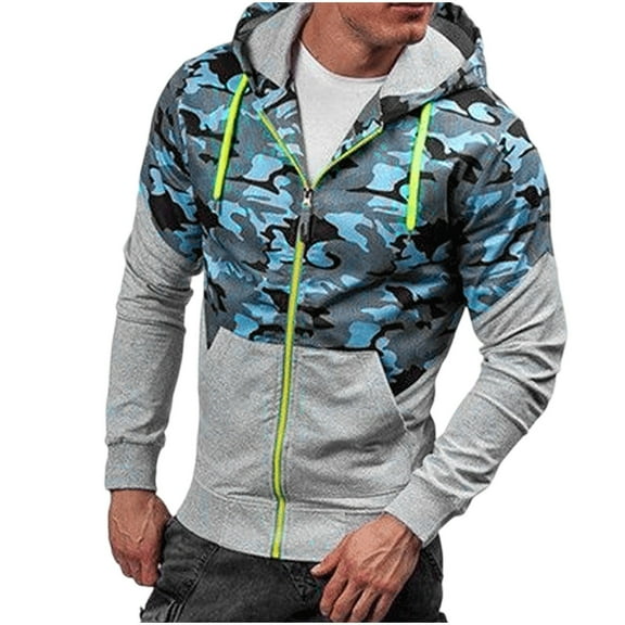 Men's Camouflage Patchwork Zip Up Hoodies Casual Long Sleeve Hooded Sweatshirt Jacket with Pockets