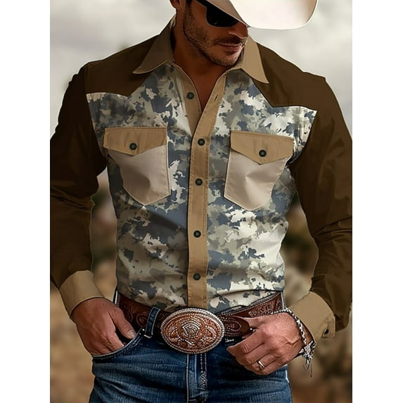 Men's Camouflage Print Button Down Shirts Vintage Graphic Western Cowboy Collared Long Sleeve Shirt Top Brown M