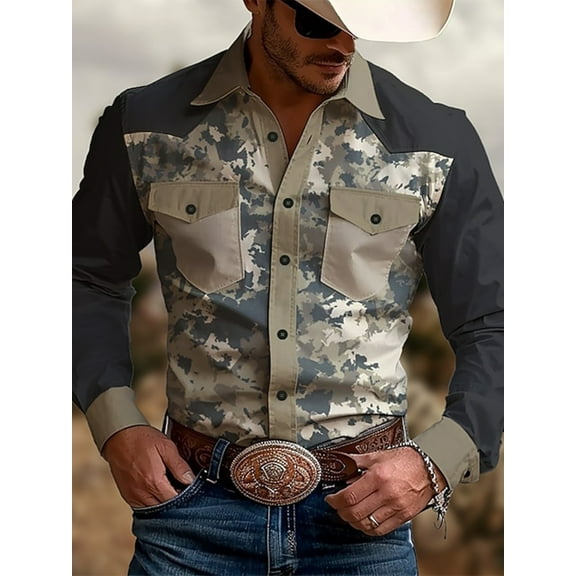 Men's Camouflage Print Button Down Shirts Vintage Graphic Western Cowboy Collared Long Sleeve Shirt Top Gray XL
