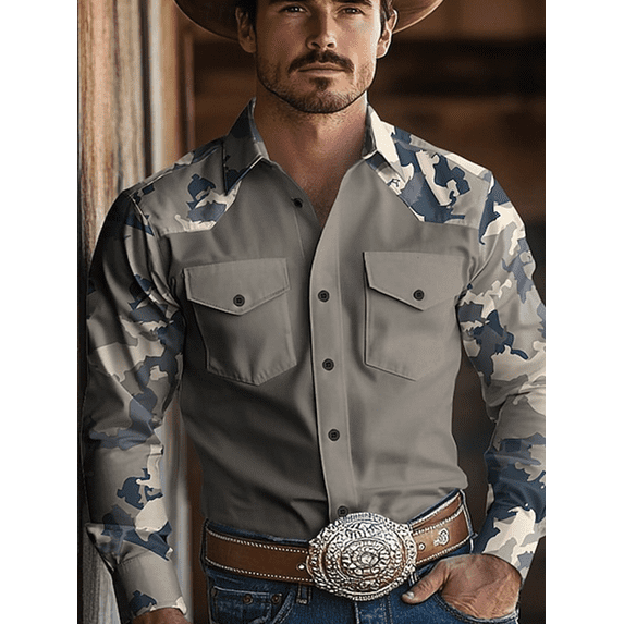 Men's Camouflage Print Button Down Shirts Vintage Graphic Western Cowboy Collared Long Sleeve Shirt Top Green M