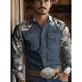 thumbnail image 1 of Men's Camouflage Print Button Down Shirts Vintage Graphic Western Cowboy Collared Long Sleeve Shirt Top Navy L, 1 of 5