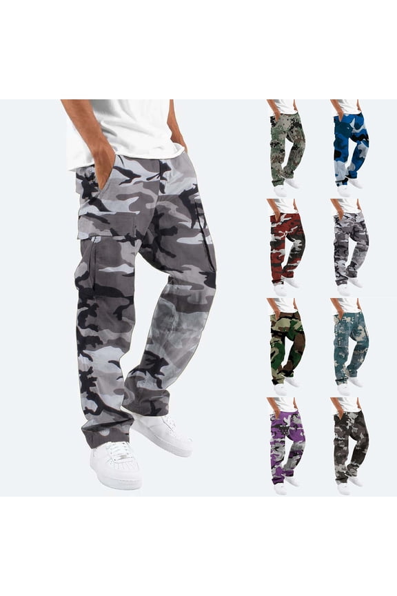 Men's Camouflage Print Cargo Pants Drawstring Elastic Waist Tapered Pockets