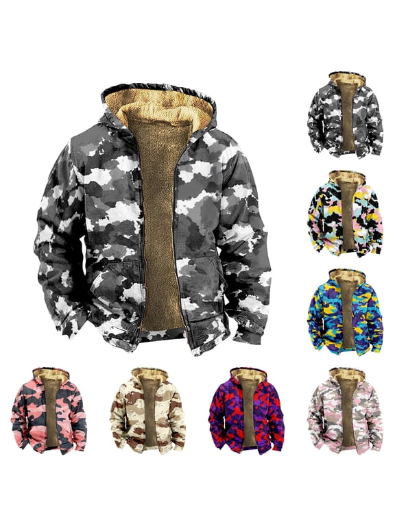 Men's Camouflage Print Fleece Lined Thickened Jacket with Zipper Hood - Casual Trendy Coat for Winter Outdoors, Christmas Gifts, and Adventure Trips, Ideal for Men,Black,L