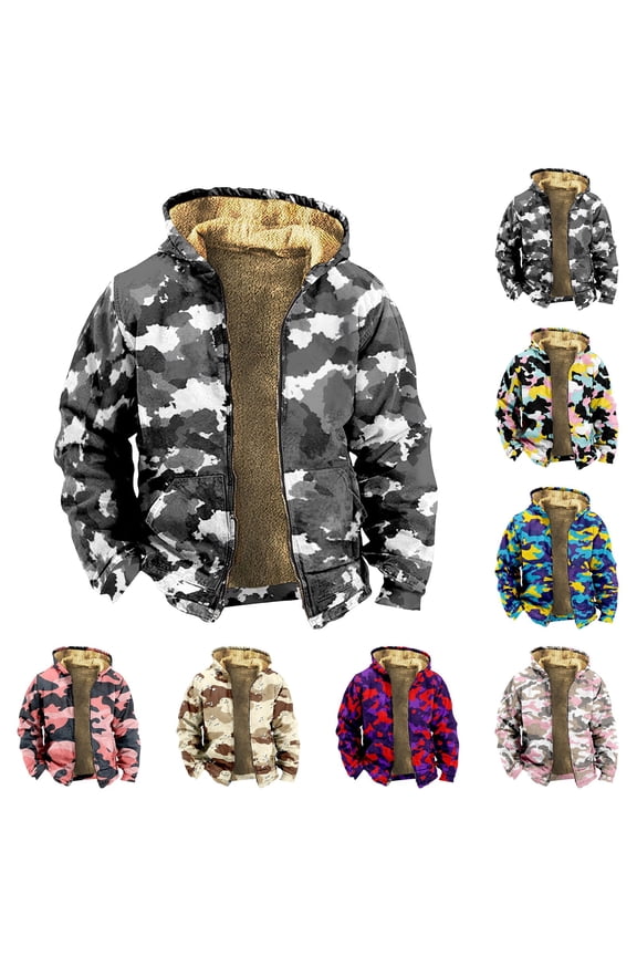 Men's Camouflage Print Fleece Lined Thickened Jacket with Zipper Hood - Casual Trendy Coat for Winter Outdoors, Christmas Gifts, and Adventure Trips, Ideal for Men,Multicolor,3XL