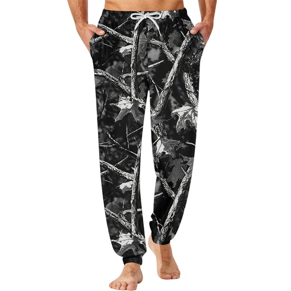 Men's Camouflage Print Jogger Pajama Pants, Drawstring Two Pocket Cuffed Lounge Sleep Trousers Nightwear Slacks, Black, S