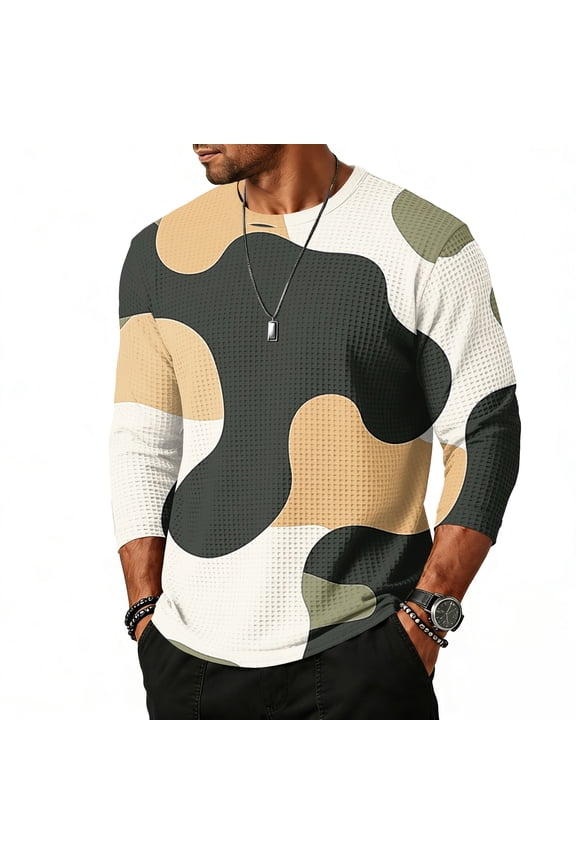 Men's Camouflage Print Raglan Sleeve Three-Quarter Sleeve Top, Round Neck Casual Shirt for Military and Outdoor Style,Black,M
