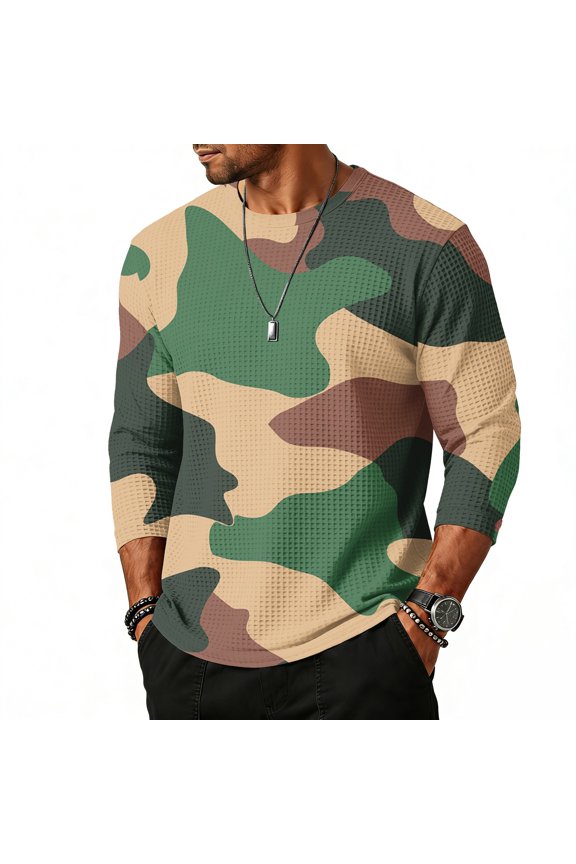 Men's Camouflage Print Raglan Sleeve Three-Quarter Sleeve Top, Round Neck Casual Shirt for Military and Outdoor Style,Brown,XL