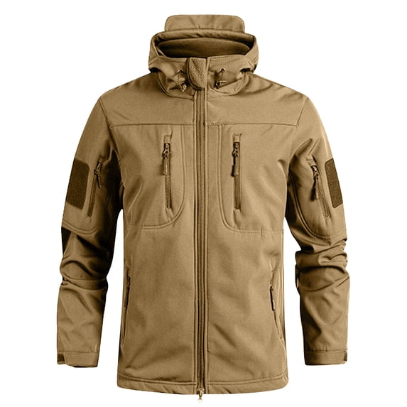 Men's Camouflage Softshell Jacket Winter Windproof Breathable Tactical Hooded Coat with Multi Zip Pockets and Adjustable Cuffs Regular Fit Outdoor Sports Jacket for Outdoor Khaki L