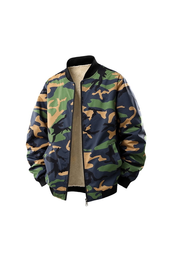 Men's Camouflage Stand-Up Collar Fleece-Lined Baseball Jacket, Army Green, Size XL