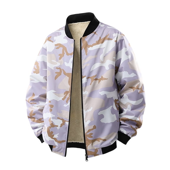 Men's Camouflage Stand-Up Collar Fleece-Lined Baseball Jacket, Pink, Size XXL