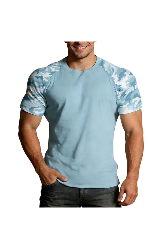 Men's Camouflage T Shirt Sports Fitness Short Sleeve Drop Shoulder Camo Crewneck Vintage Shirt Light Blue XXXXXL