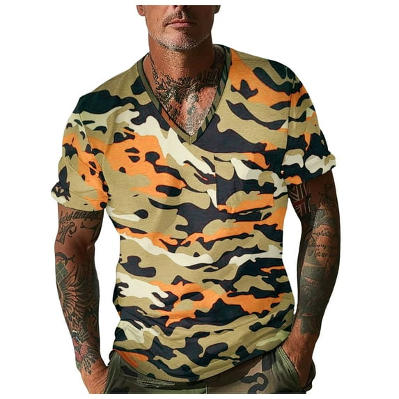 Men's Camouflage T-Shirt Sports Fitness Short Sleeve Military Camo Vintage Shirt Brown L