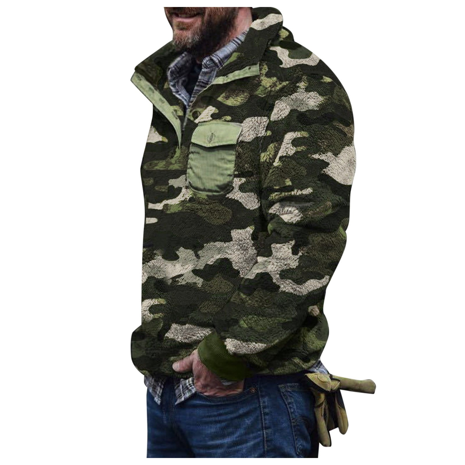 Men s Camouflage Turtleneck Plush Sweater Men s Button Pullover Plush Sweater WIth Pocket