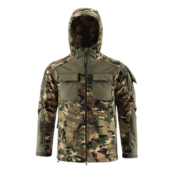 Men's Camouflage Winter Jackets Waterproof Windbreaker Fleece Lined Hooded Softshell Coat with Multi Zip Pockets Loose Fit Cargo Utility Jacket for Outdoor Green 3XL