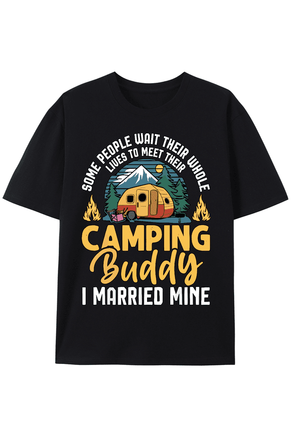 Men's "Camping Buddy I Married Mine" Graphic Tee - 100% Cotton, Breathable & Durable Crew Neck T-Shirt with Vibrant Outdoor Design - Ideal for Hiking, Running & Casual Wear - Machine Washable