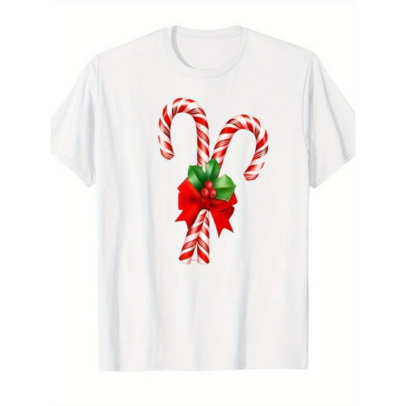Christmas Candy Cane Tee Red Green Bow Graphic Party Top Festive Commuting Short Sleeve Round Neck White S-5XL