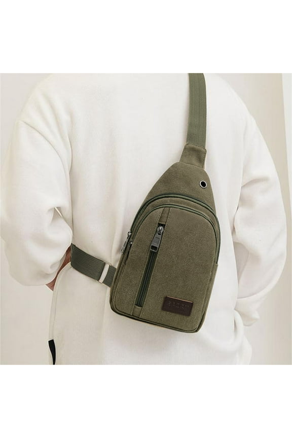 Men's Canvas Chest Bag with Triple Zipper Pockets and Adjustable Strap, Crossbody Messenger Sling Pack with Headphone Port for Travel Commute Outdoor Adventure