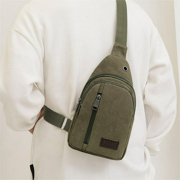 Men's Canvas Chest Bag with Three Zippers - Adjustable Strap, Front Pockets, Khaki Brown Green