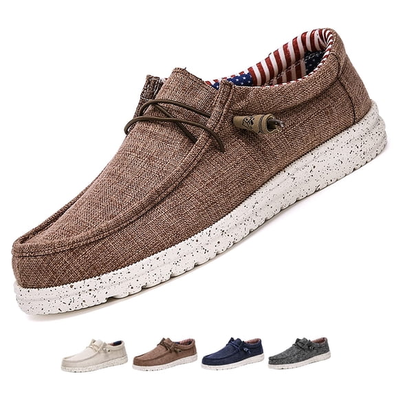 Men's Canvas Slip On Lace up Loafers Causal Comfortable Soft Sole Driving Walking Shoes Outdoor Lightweight Breathable Work Boat Shoes
