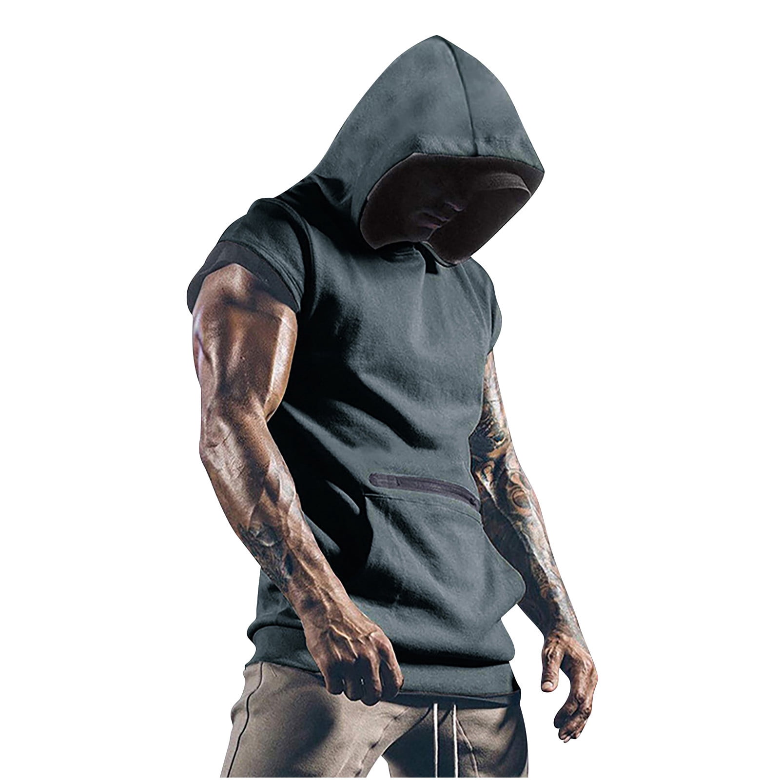 Men's Cap Sleeve Hoodies Fashion Summer Pullover Muscle Sweatshirt Gym Workout Athletic Tops with Zip Pocket