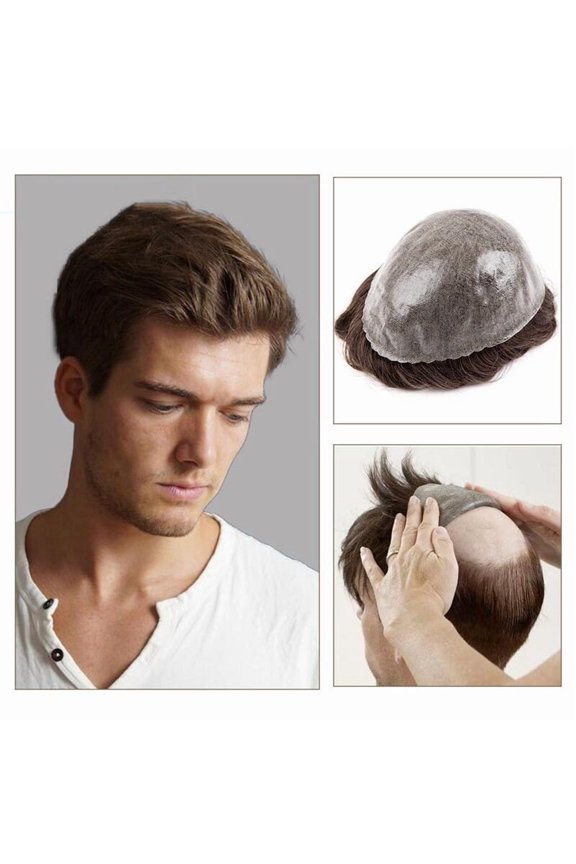 Men's Capillary Prosthesis Knotless Invisible Base Mens Toupee Human Hair System Units Injection PU Skin Male Hair Prosthesis Replacement Systems