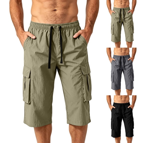 Men's Capri Long Cargo Shorts Below Knee 13 Inches Relaxed Fit Casual Ripstop Work Short Pants Multi-Pocket Big & Tall Size 4XL Army Green