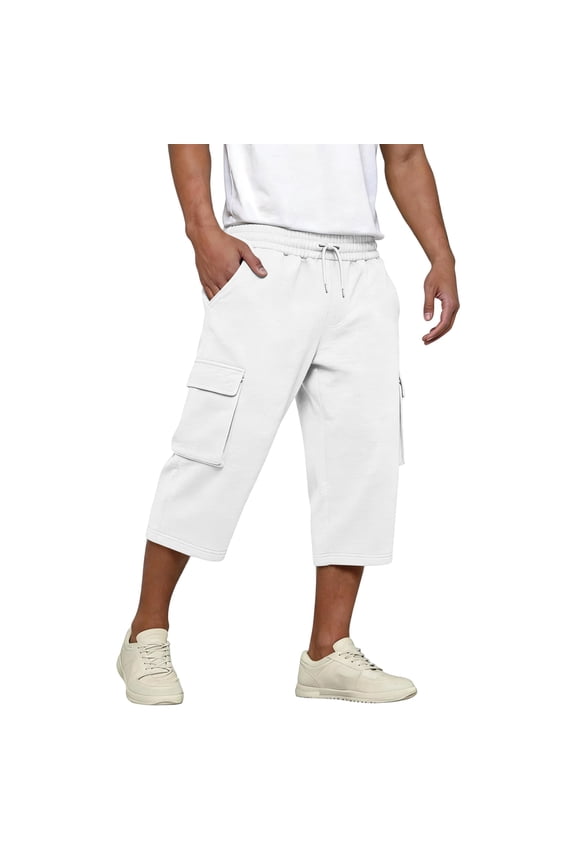 Men's Capri Long Elastic Cargo Shorts Below Knee 3/4 Casual with Multi-Pockets White XL