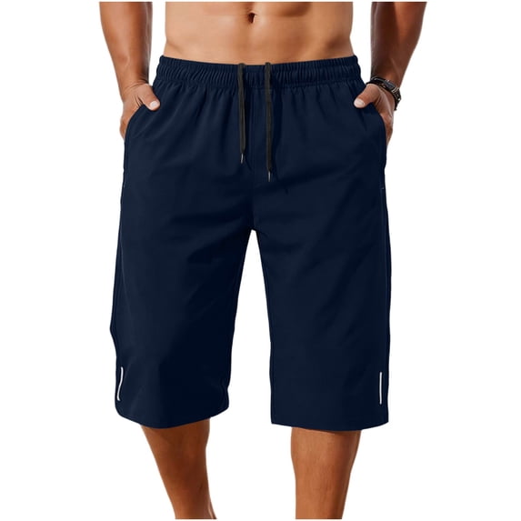 Men's Capri Long Shorts Quick Dry Below Knee 3/4 Capri Pants with Pockets and Drawstring for Workout Running Training Summer Reflective Strip Navy