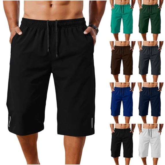 Men's Capri Long Shorts Quick Dry Below Knee 3/4 Capri Pants with Pockets and Drawstring for Workout Running Training Summer Reflective Strip White