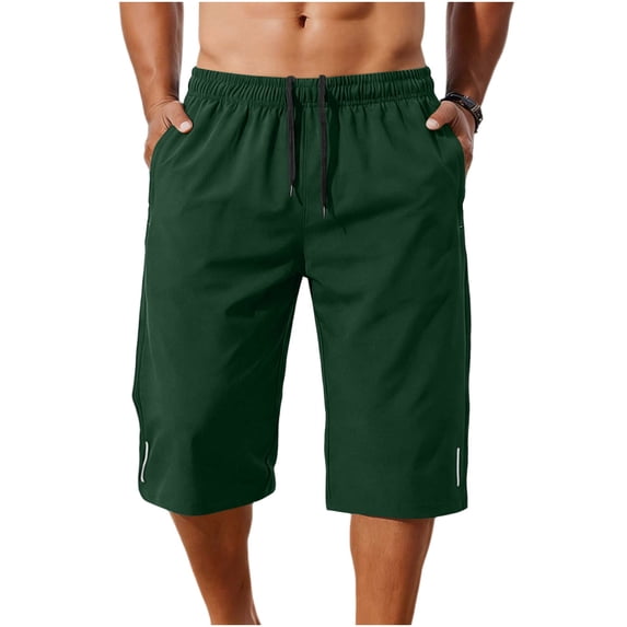 Men's Capri Long Shorts Quick Dry Below Knee 3/4 Capri Pants with Pockets and Drawstring for Workout Running Training Summer Reflective Strip Army Green