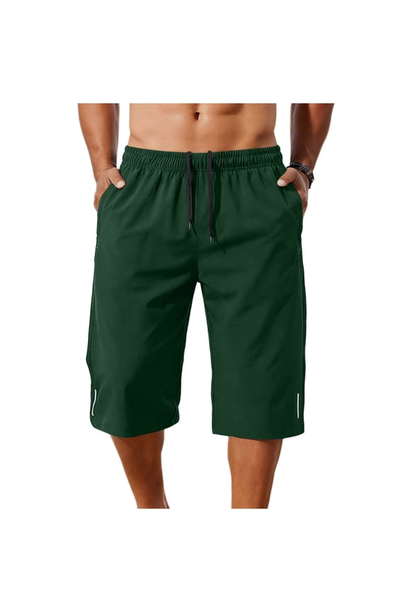 Men's Capri Long Shorts Quick Dry Below Knee 3/4 Capri Pants with Pockets and Drawstring for Workout Running Training Summer Reflective Strip Army Green