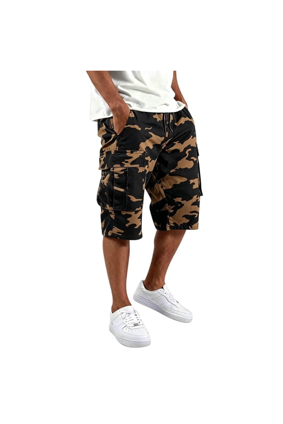 Men's Capri Long Twill Cargo Shorts Drawstring Below Knee Relaxed Fit Casual Multi-Pocket Leopard Print M