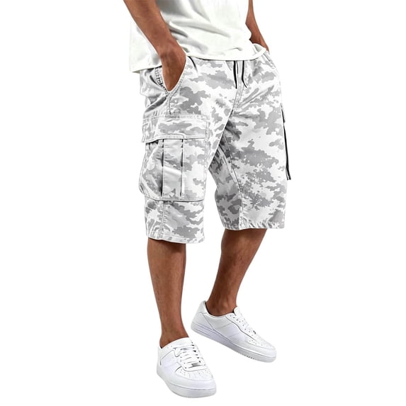 Men's Capri Long Twill Cargo Shorts Drawstring Below Knee Relaxed Fit Casual Multi-Pocket White L