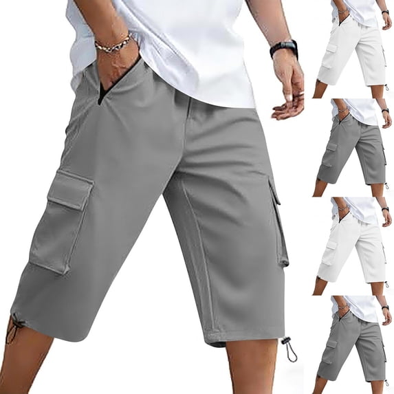 Men's Capri Long Twill Cargo Shorts Below Knee 13 Inches Cotton Drawstring Elastic Waist Relaxed Fit Casual Outdoor Hiking Adjustable Pant Legs Multi Zipper Pocket White