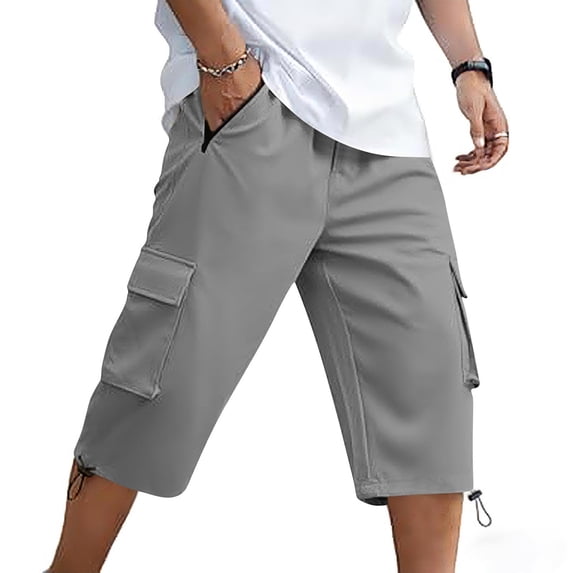 Men's Capri Long Twill Cargo Shorts Below Knee 13 Inches Cotton Drawstring Elastic Waist Relaxed Fit Casual Outdoor Hiking Adjustable Pant Legs Multi Zipper Pocket Gray