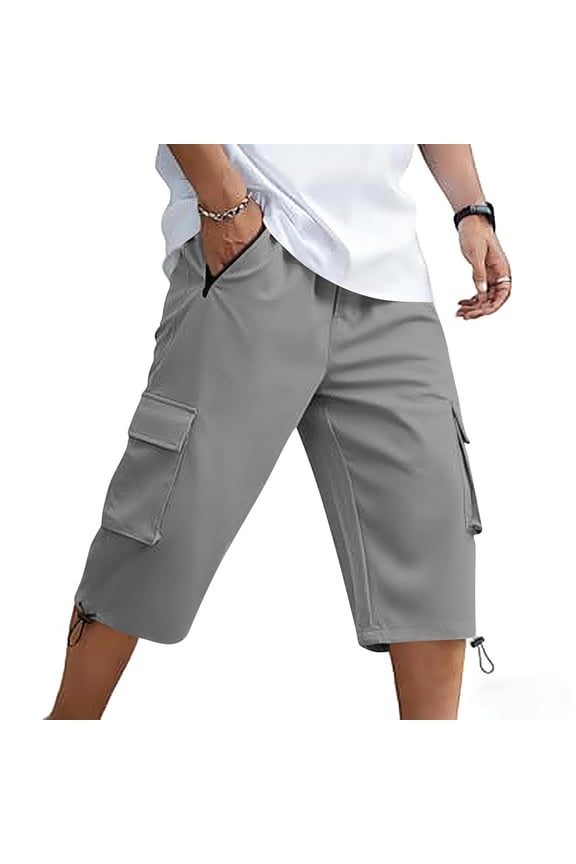Men's Capri Long Twill Cargo Shorts Below Knee 13 Inches Cotton Drawstring Elastic Waist Relaxed Fit Casual Outdoor Hiking Adjustable Pant Legs Multi Zipper Pocket Gray