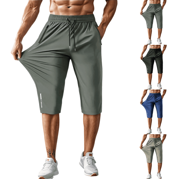 Men's Capri Pants 3/4 Joggers Gym/Workout/Hiking Below Knee Long Shorts Lightweight Quick Dry with Zipper Pockets Gray 2XL