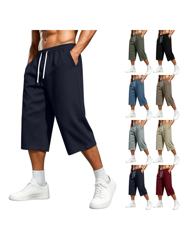 Men's Capri Pants 3/4 Length Loose Fit Athletic Cropped Sweatpants Wide Leg with Pockets Drawstring for Workout Training Jogging, Navy, L