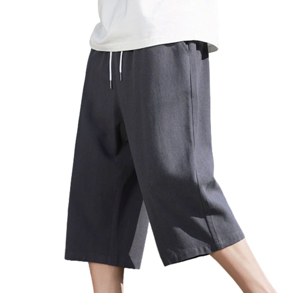 Men's Capri Pants Casual Loose Wide Leg Cotton Cropped Pant Summer Lightweight Elastic Waist Drawstring Capris with Pocket