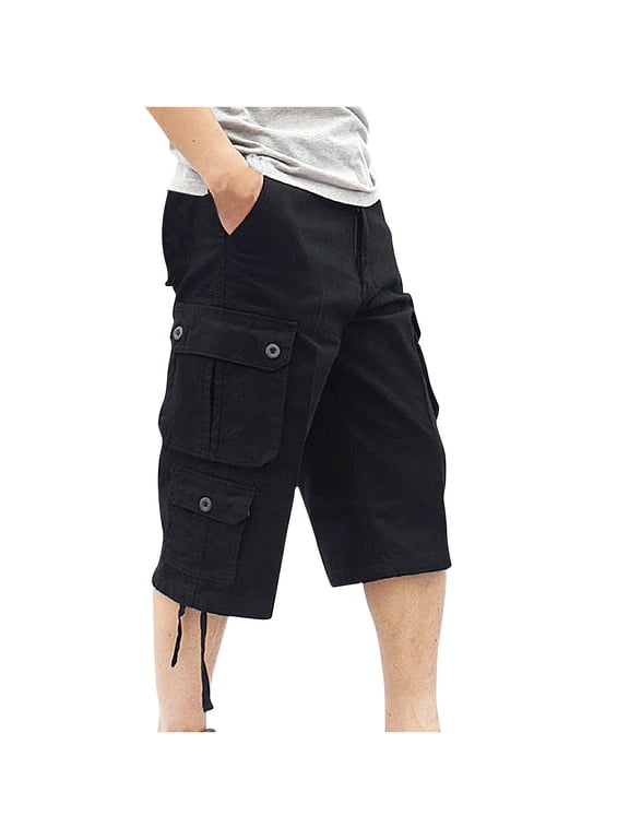 Men's Capri Pants Long Elastic Cargo Shorts Below Knee Shorts 3/4 Cotton Cargo Casual Shorts with Multi-Pockets Black