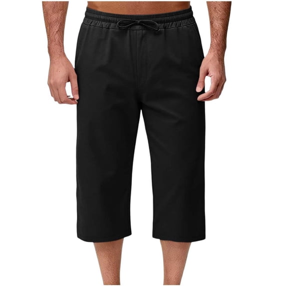 Men's Capri Pants Loose Fit Cotton Blend Lightweight Drawstring Elastic Waist Summer Capris with Pockets (S, Black)
