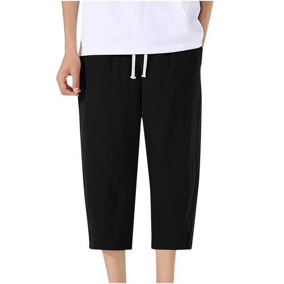 Men's Capris Pants Summer Lightweight Drawstring Elastic Waist Casual Solid Color Pants Black