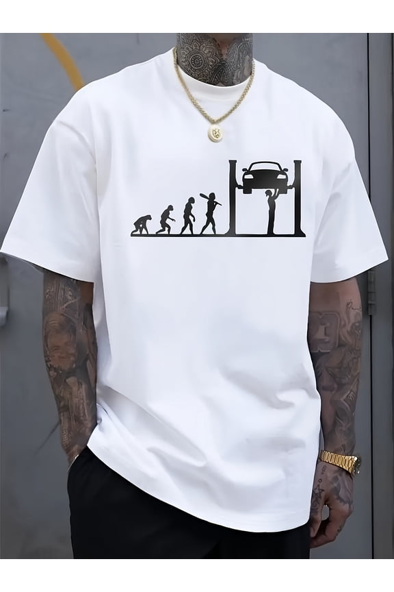 [Men's Car Print Tee] Regular Fit Crew Neck, Car Repair Evolution Print, Breathable Summer Tee for Car Enthusiasts and Casual Attire, Comfortable Stretch