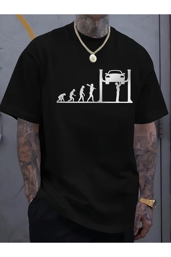 [Men's Car Print Tee] Regular Fit Crew Neck, Car Repair Evolution Print, Breathable Summer Tee for Car Enthusiasts and Casual Attire, Comfortable Stretch