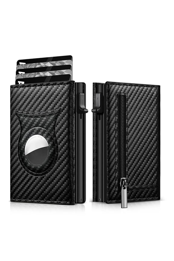 Men's Carbon Fiber Magnetic Card Clip Leather RFID Triple Fold Card with Zipper Wallet Pop Up Smart AirTag Wallet