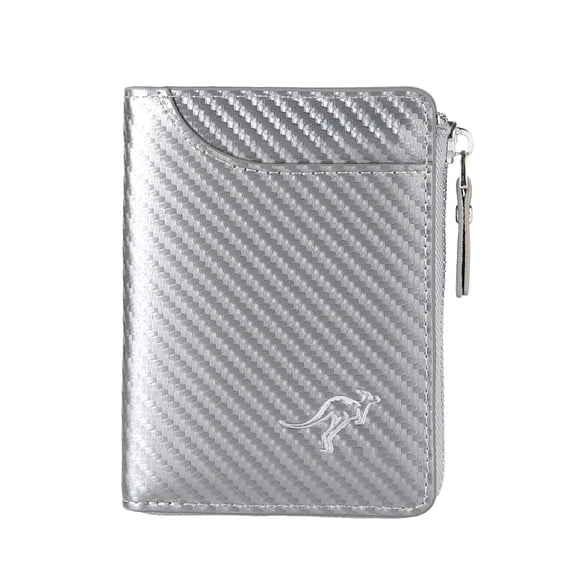 Men's Carbon Fiber Pattern Zip Wallet, RFID Blocking Credit Card Holder, Small Zipper Coin Purse Minimalist Card Case for Daily Business Travel Silver