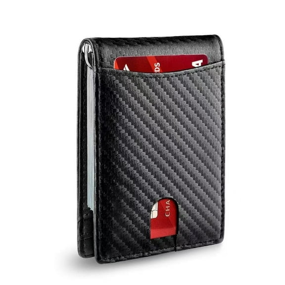 Men’s Carbon Fiber Slim Wallet – RFID Blocking Bifold with Money Clip, 6 Card Slots, ID Window – Stylish Black Interior
