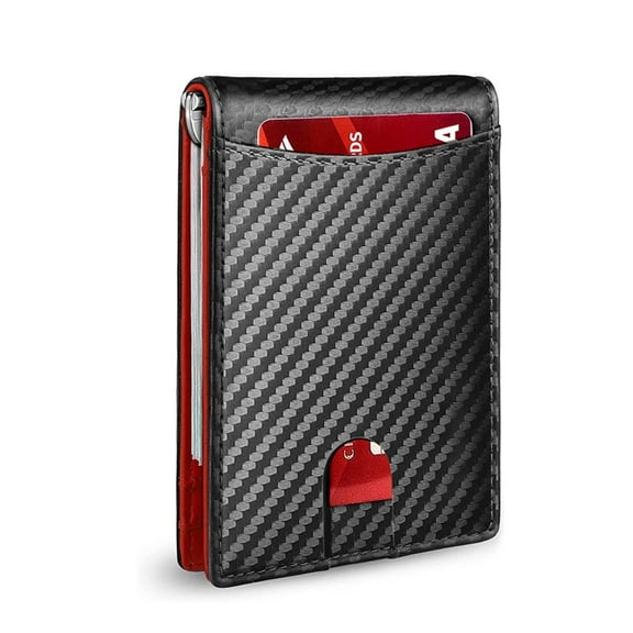 Men’s Carbon Fiber Slim Wallet – RFID Blocking Bifold with Money Clip, 6 Card Slots, ID Window – Stylish Black & Red Interior