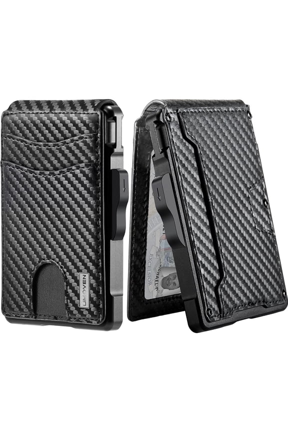 Men's Carbon Fiber Ultra-Thin Wallet - A minimalist two-layer wallet design with anti-RFID function, featuring a bill clip and card pop-out mechanism | Can hold multiple cards and cash |