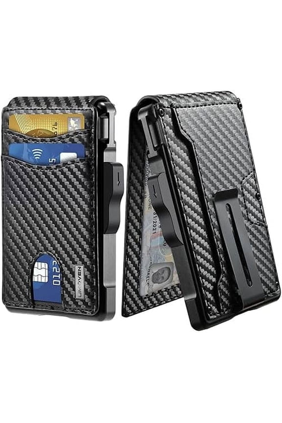 Men's Carbon Fiber Ultra-Thin Wallet - A minimalist two-layer wallet design with anti-RFID function, featuring a bill clip and card pop-out mechanism | Can hold multiple cards and cash |